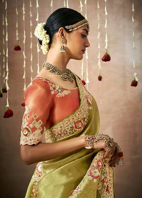 Organza silk blend embroidered saree in green 2