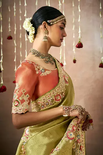 Organza silk blend embroidered saree in green