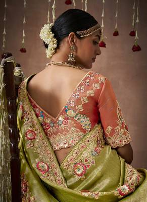 Organza silk blend embroidered saree in green 3