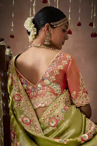Organza silk blend embroidered saree in green