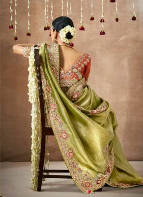 Organza silk blend embroidered saree in green 4