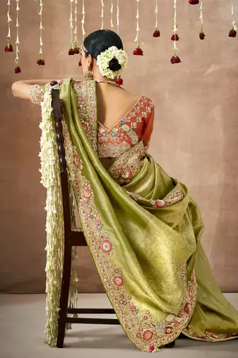 Organza silk blend embroidered saree in green