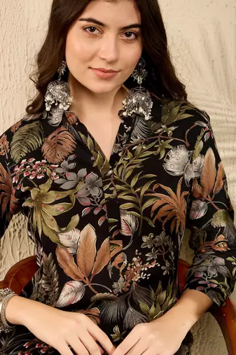 women black rayon blend floral printed tunic with palazzo coord sets