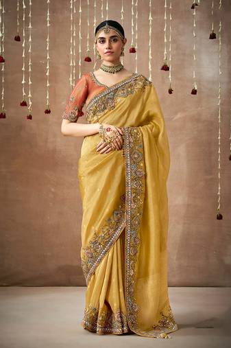 Organza embroidered mustard designer bollywood saree