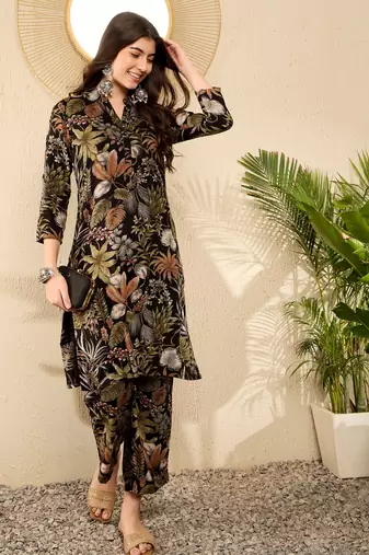 women black rayon blend floral printed tunic with palazzo coord sets