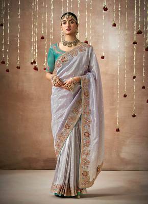 Organza silk blend embroidered saree in light grey 1