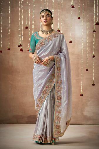 Organza silk embroidered contemporary style saree in light grey