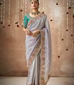 Organza silk embroidered contemporary style saree in light grey