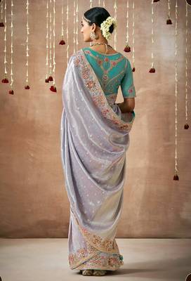Organza silk blend embroidered saree in light grey 2