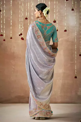 Organza silk blend embroidered saree in light grey