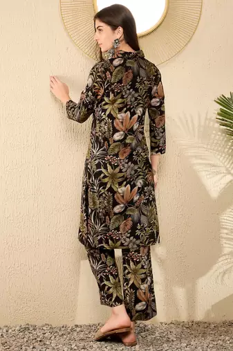 women black rayon blend floral printed tunic with palazzo coord sets