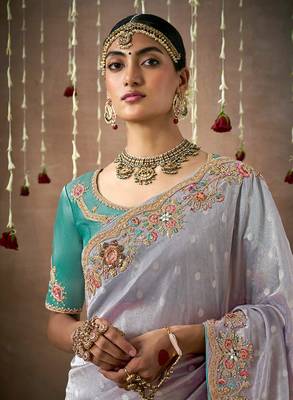 Organza silk blend embroidered saree in light grey 3