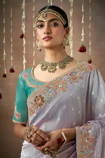 Organza silk blend embroidered saree in light grey