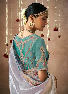 Organza silk blend embroidered saree in light grey 4