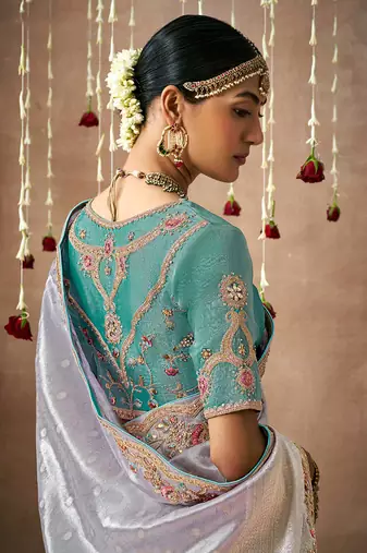 Organza silk blend embroidered saree in light grey