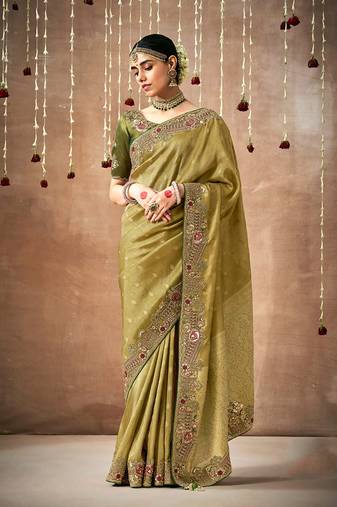 Organza silk embroidered mehandi contemporary saree