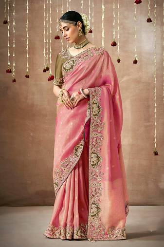 Organza silk pink embroidered bollywood saree