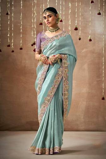 Organza silk embroidered designer saree in aqua blue