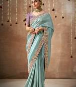 Organza silk embroidered designer saree in aqua blue