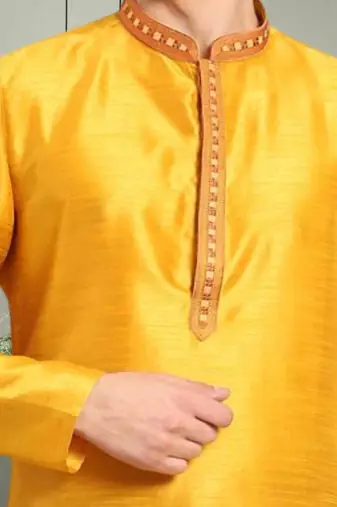 Yellow art silk embroidery beautiful design kurta pyjama for men's