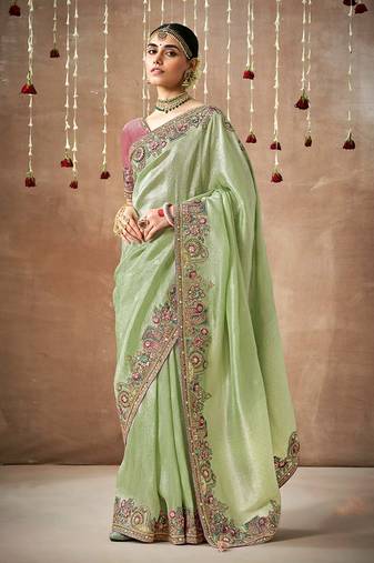 Organza silk embroidered sea green different style saree