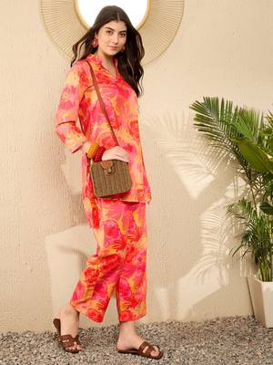 women yellow rayon blend floral printed tunic with palazzo coord sets 1