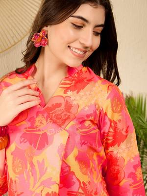 women yellow rayon blend floral printed tunic with palazzo coord sets 2