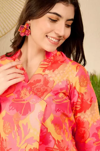 women yellow rayon blend floral printed tunic with palazzo coord sets