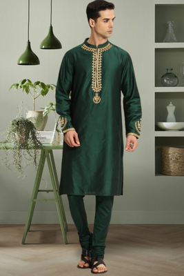 Green art silk beautiful aari work kurta churidar for men's 1