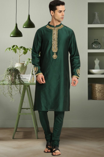 Green art silk beautiful aari work kurta churidar for men's