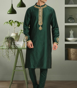 Green art silk beautiful aari work kurta churidar for men's