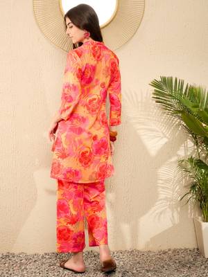 women yellow rayon blend floral printed tunic with palazzo coord sets 4