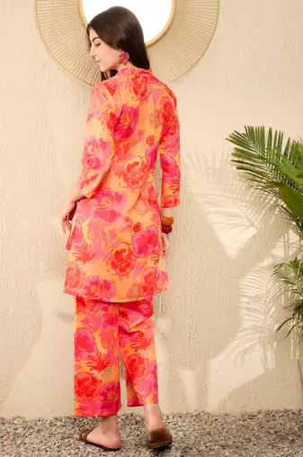 women yellow rayon blend floral printed tunic with palazzo coord sets