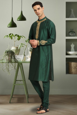Green art silk beautiful aari work kurta churidar for men's 2
