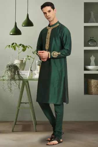 Green art silk beautiful aari work kurta churidar for men's