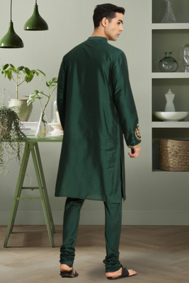Green art silk beautiful aari work kurta churidar for men's 3