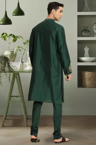 Green art silk beautiful aari work kurta churidar for men's