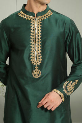 Green art silk beautiful aari work kurta churidar for men's 4