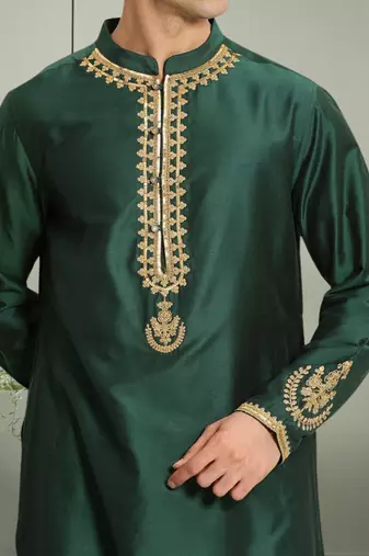 Green art silk beautiful aari work kurta churidar for men's