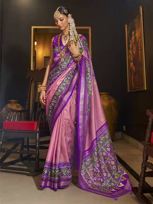 Elora pure sigma silk woven designed printed patola saree (light pink) 1