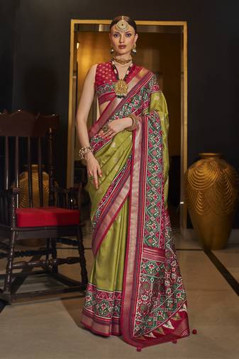 Elora pure sigma silk woven designed printed patola saree (olive green)