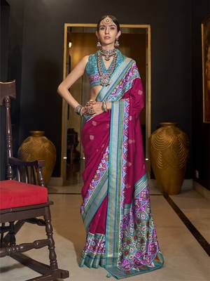 Elora pure sigma silk woven designed printed patola saree (dark pink) 1