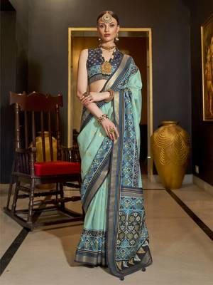 Elora pure sigma silk woven designed printed patola saree (seafoam green) 1