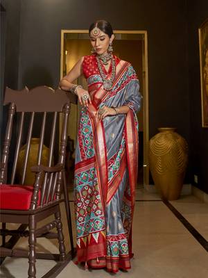 Elora pure sigma silk woven designed printed patola saree (grey) 1