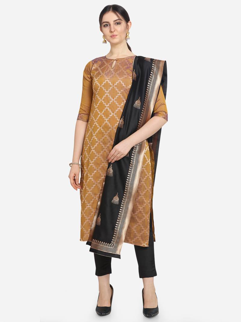 Silk Blend Unstitched Churidar Dress Material With Banarasi Dupatta