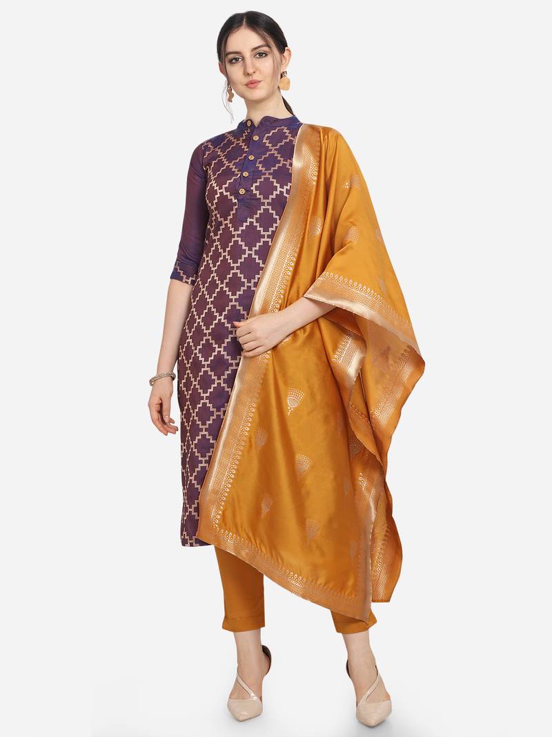 Silk Blend Unstitched Churidar Dress Material With Banarasi Dupatta