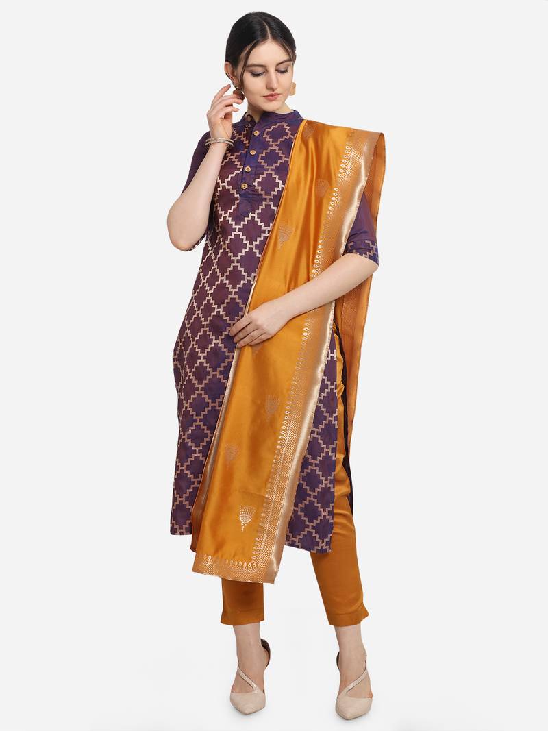 Silk Blend Unstitched Churidar Dress Material With Banarasi Dupatta