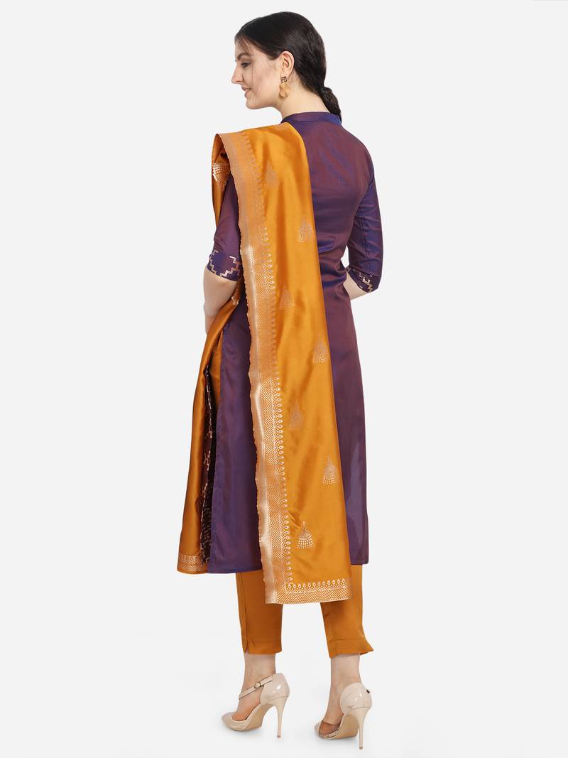 Silk Blend Unstitched Churidar Dress Material With Banarasi Dupatta