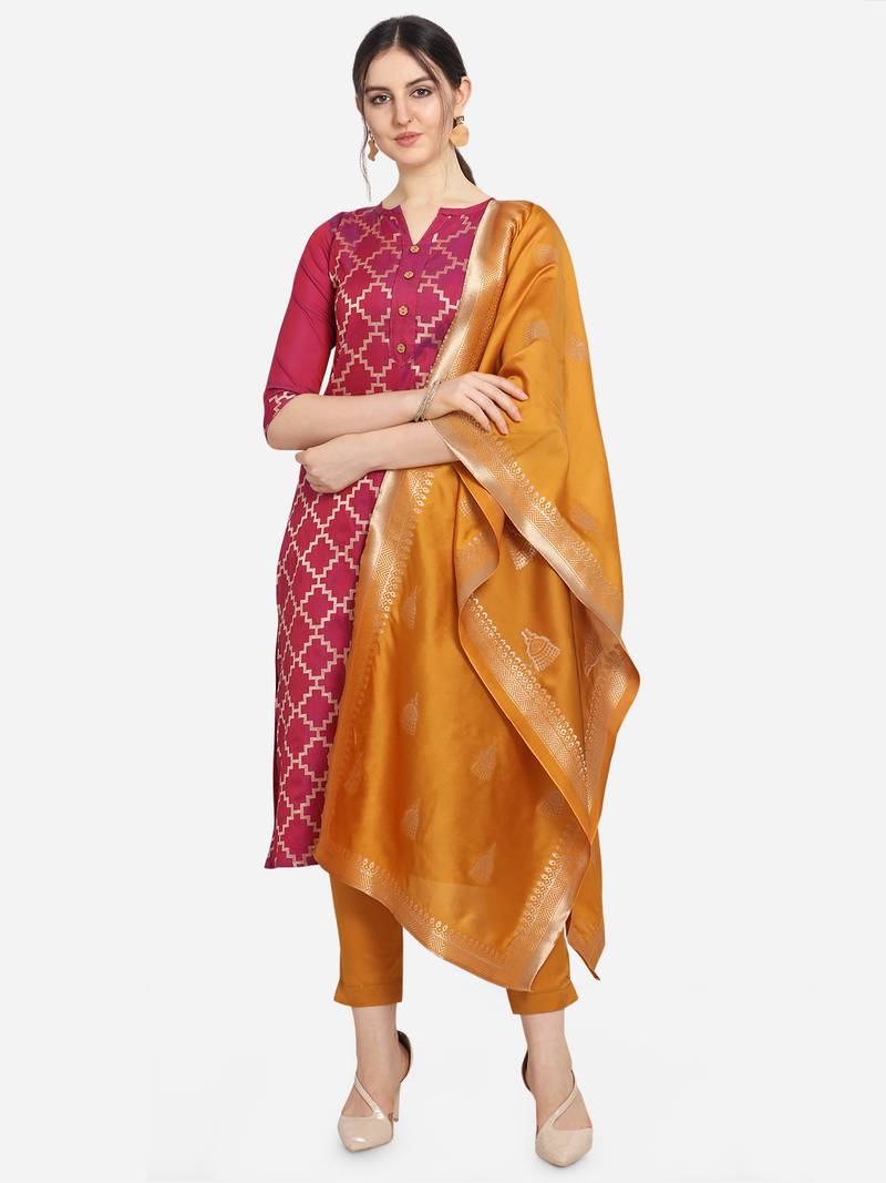 Silk Blend Unstitched Churidar Dress Material With Banarasi Dupatta