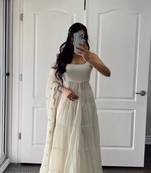 White Colour Party Wear Geiorgette 10Meter Ruffle Fully Flair Fully Stitched Gown Set